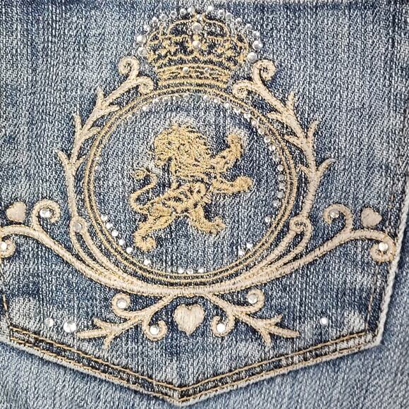 Express X2 Denim Crop Capri Jeans W10 Stella Size 4 Embroidered Crown - Picture 6 of 6